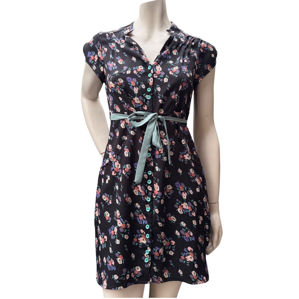 3Stones Floral Button Front Dress Mint Tie Black Cottagecore Whimsigoth Boho S